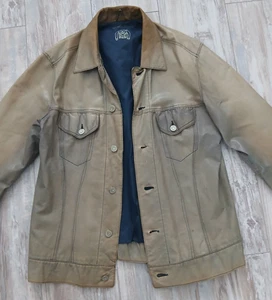 Vintage Levi's Blue Star Green Leather Trucker Jacket - Size M - Rare Sample - Picture 1 of 8