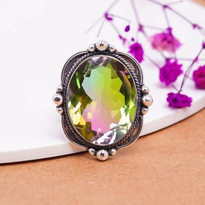 Anillos llamativos de plata de ley 925 maciza con piedras preciosas de turmalina verde orgánica, V7954 Foto 1 de 4