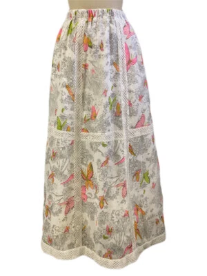 Maxi Falda de Colección Años 70 Chessa Davis Inserciones de Encaje Estampado de Mariposa Boho Festival M Foto 1 de 4