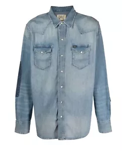 Polo Ralph Lauren RRL Style Distressed Frayed Patchwork Western Denim Shirt New - Picture 1 of 5