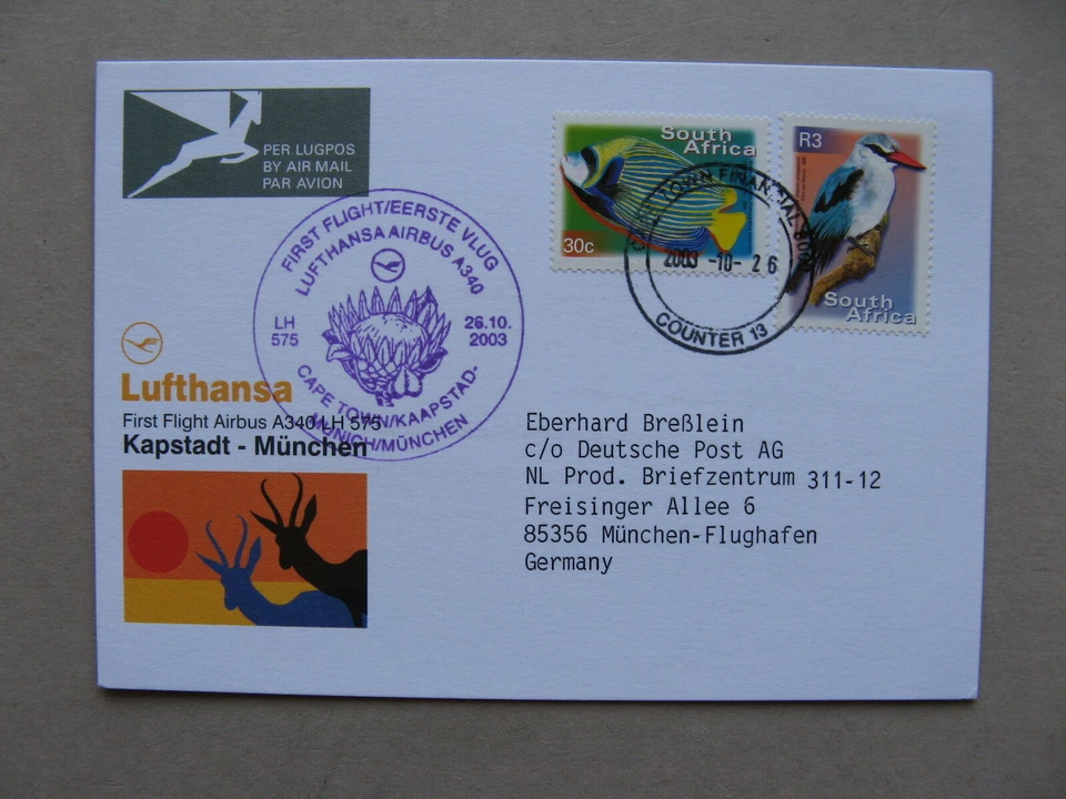 ЮЖНАЯ АФРИКА, карта FFC 2003, Кейптаун - Мюнхен, цветок рыбы птицы - Изображение 1 из 1