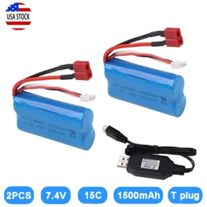 2 Pcs 2S 1500mAh 7.4V Li-ion Battery Deans T Plug Charger For WLtoys 4WD RC Car - Picture 1 of 12