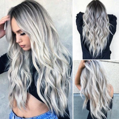 Peluca rizada larga gris degradada sintética cabello ondulado resistente al calor para mujeres Lo último Foto 1 de 4