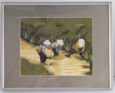Vintage Vietnamese Silk Embroidery Art  Rice Planting Matted & Framed 11" by 14" - Image 1 of 4