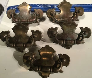 Lot 5 Vintage 4” Chippendale Style Brass Draw Pulls Handles Mount Holes 3” Apart - Picture 1 of 11