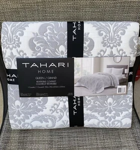Tahari Hannah Matelasse Gray White Damask Reversible QUEEN Coverlet Quilt 92x92" - Picture 1 of 9