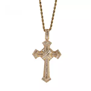 Collana catena acciaio inox zirconi ghiacciati uomo ciondolo croce gioielli hip hop - Foto 1 di 14