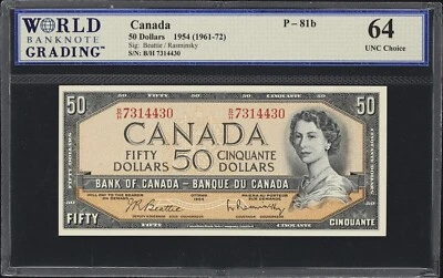 BANK OF CANADA  1954 50 DOLLARS, PICK-81b, WORLD BANKNOTE, CERTIFIED CU-64 - Image 1 of 2