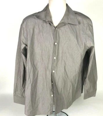 Perry Ellis Portfolio City Fit Brown White Cotton Striped Button Down L 16.5 - Image 1 of 4