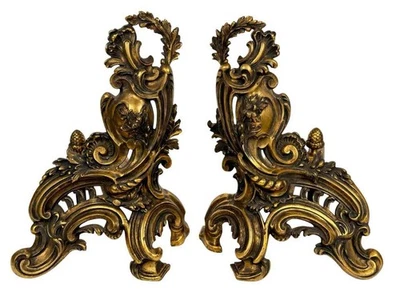 Par de fogueiros antigos franceses Louis XV rococó bronze dourado Ormolu Chenets Andirons - Imagem 1 de 4