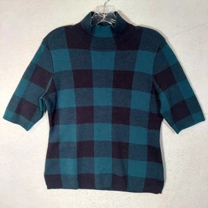 Ann Taylor Women's Mock Neck Sweater Size M Green Plaid Short Sleeve Wool Blend - Picture 1 of 9