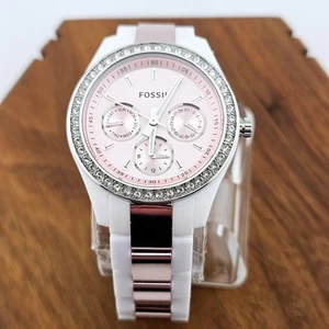 Fossil Womens Stella Pink Dial Multifunction Watch ES2802 White Rhinestone Glitz - Picture 1 of 7
