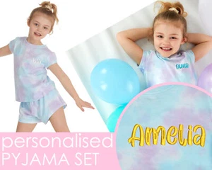 Personalised Embroidered Girls Shorty PJs Pyjamas Set Gift Tie Dye 2-13 Years UK - Picture 1 of 7
