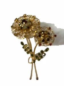 Vintage Gold Toned Alice Caviness Double Flower Brooch Signed Red Gold 3 Inch - Picture 1 of 6