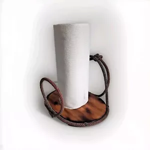 Paper Towel Holder Handmade Wood Rope Free Standing Farmhouse Rustic Cabin Gift - Picture 1 of 10