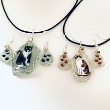 Cat and paw prints hand painted necklace and dangle earrings set - sea glass