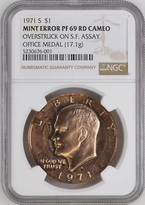 UNIQUE Ike Dollar Overstruck on Bronze SF Assay Office Medal NGC PF 69 RED CAMEO - Image 1 of 4