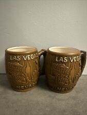 2x Vintage Ceramic Golden Nugget Casino Old Vegas Coffee Mug Wood Barrel Design