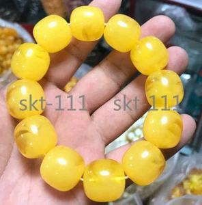 Certificate 19x19mm Chicken Oil Yellow Amber Short Barrel Bead Bangle Men 7.5" - Picture 1 of 6