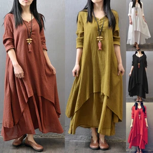 Womens Casual Kaftan Tunic Gypsy Maxi Dress Boho Cotton Linen Long Sleeve Dress - Picture 1 of 21