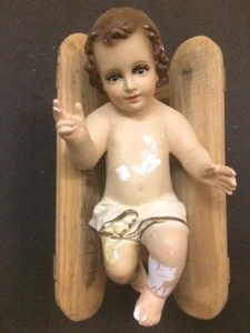 VINTAGE LEBENSGROSSE BABY JESUS KRIPPENFIGUR ITALIEN KREIDE MIT HOLZKRIPPE WIEGE - Bild 1 von 12