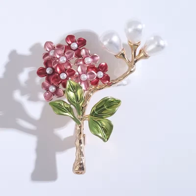 Vintage Gold Tone Red Enamel Pearl Flower Brooch Floral Pin Summer Gift Jewelry - Image 1 of 4