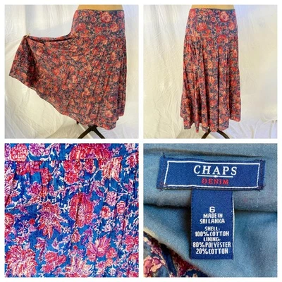 CHAPS DENIM Azul Floral Completo Gitano Costero Vaquera Falda en Niveles 6 Pradera Boho Foto 1 de 4