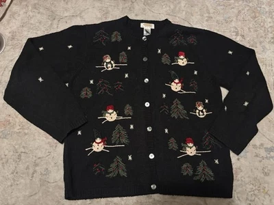 复古 Talbots Cardigan 大号娇小针织假日冬季雪人圣诞毛衣 — 第 1/4 张图片