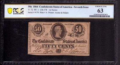 1864 50c CENT CONFEDERATE STATES OF AMERICA NOTE T-72 PF-1 PCGS B CU 63 - Image 1 of 2