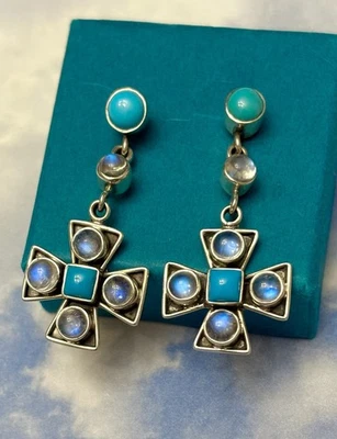 Nicky Butler NB Sterling Silver Blue Moonstone & Turquoise CROSS 925 Earrings - Image 1 of 3