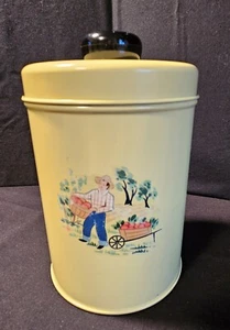 Vintage 1950s Yellow Tin Canister Man Picking Apples. Black Knob. - Picture 1 of 8