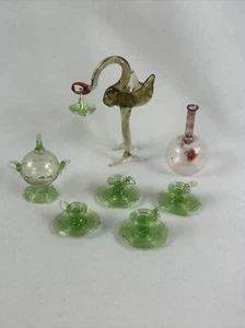 Miniature Teapot Cups Stork Decanter 7 Pc Green Spiral Tiny Blown Glass - Picture 1 of 10