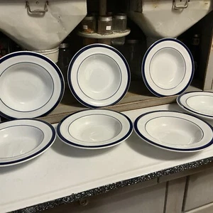 Nice Lot Of 7 Pottery Barn Rimmed Bistro BLUE Bands 9.5” Bowls Soup Pasta - Picture 1 of 7