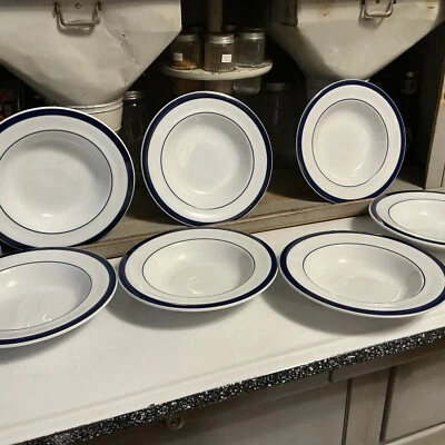 Nice Lot Of 7 Pottery Barn Rimmed Bistro BLUE Bands 9.5” Bowls Soup Pasta - Image 1 of 4