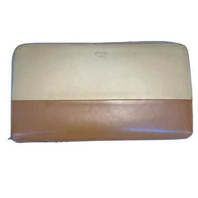 Auténtica billetera vintage Celine con cremallera larga color tostado crema cuero de lujo clásica Foto 1 de 4
