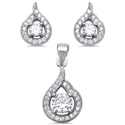 Cz Halo Pave .925 Sterling Silver Earring and Pendant Set - Image 1 of 2