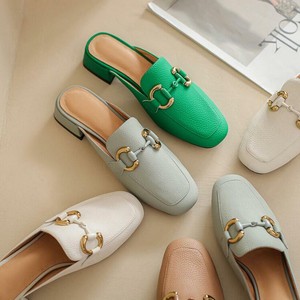 Women's Genuine Leather Slip On Shoes Metal Buckle Backless Slippers Office Blue