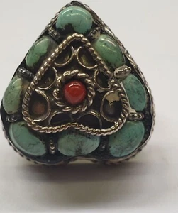 Antique Sterling Silver & Turquoise Ring Heart Worn 30.5Gr PERFECT GIFT - Picture 1 of 4