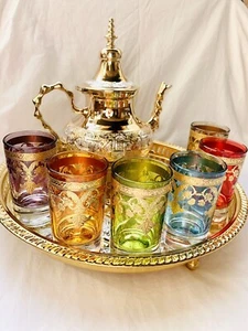 Juego de té marroquí hecho a mano, bandeja grabada, tetera y 6 vasos, decoración Boho - Imagen 1 de 10
