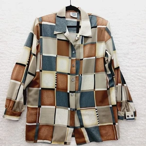 Camicetta taglia 14 marrone teal beige patchwork retròcore artsy audace festival business - Foto 1 di 15