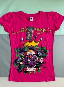 New ED HARDY Girls Top Shirt Y2K Vintage Love ❤️ Rose 🥀 Crown 👑 Large L Rare - Picture 1 of 4