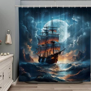 Piratenschiff Duschvorhang Maritim Segelboot Segeln Ozean Abenteuer Vollmoo... - Bild 1 von 6