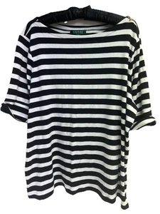 Lauren Ralph Lauren Size 3X Black /White Stripes Boatneck Top S/S 100% Cotton - Picture 1 of 7