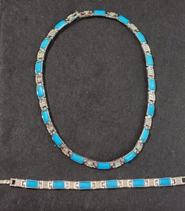 Vintage Stainless Steel Inlay Turquoise Design Asian Necklace & Bracelet Set - Picture 1 of 5
