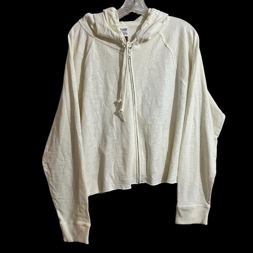 OFF WHITE Felpa con cappuccio Victoria's Secret ROSA grande avorio bianca cropped full zip nuova con etichetta