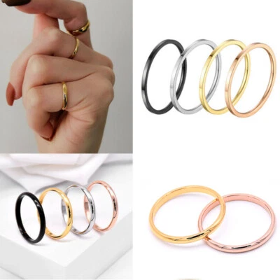 Damen M?dchen 2mm Dünn Stapelbar Ring Edelstahl Schlicht Band für Geschenk Gr? ∧ - Bild 1 von 4
