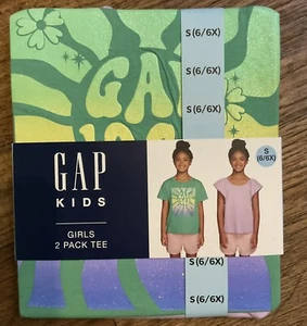 GAP Kids Girl's 2 Pack Short Sleeve Green Graphic & Solid Purple T-Shirts (6/6X) - Picture 1 of 2