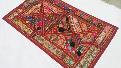 Tapisserie tribale patchwork Miroirs Bordeaux Broderie Tenture Fait Main Inde A - Photo 1/4