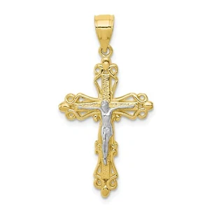 10k Two Tone Gold Solid & Textured Medium 35mm Budded Cross Crucifix Pendant - Picture 1 of 3