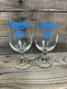 Vintage Set of 2 Olympia Beer Stemmed Glass Blue Horseshoe Logo Barware 7" Tall! - Picture 1 of 21